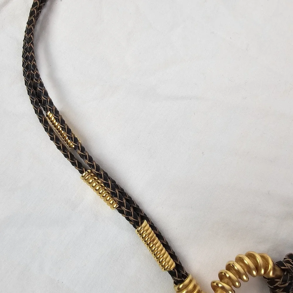 Vintage Women's Bolo Tie Hip Belt S/M Dark Brown Gold Leather Western Boho
